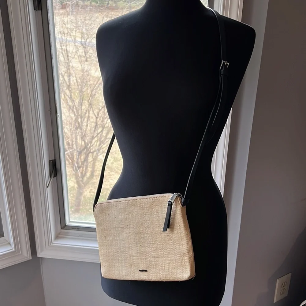 PAROIS Jute CrossBody Purse with Black Leather‎ Strap
